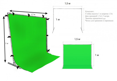 Фотофон тканевый хромакей со стойкой / разборная стойка высота 1 метр ширина 1,5 метр + зеленый хромакей тканевый 1,5х1,5 м