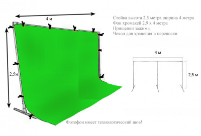Фотофон тканевый хромакей со стойкой высота 2,5 метра ширина 4 метра / разборная стойка 2,5х4 метра + зеленый хромакей тканевый 2,9х4 метра