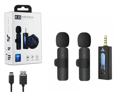 2в1 Петличные микрофоны беспроводные 3.5mm AUX K35 (2 беспроводных микрофона петлички с приемником аукс 3,5мм)