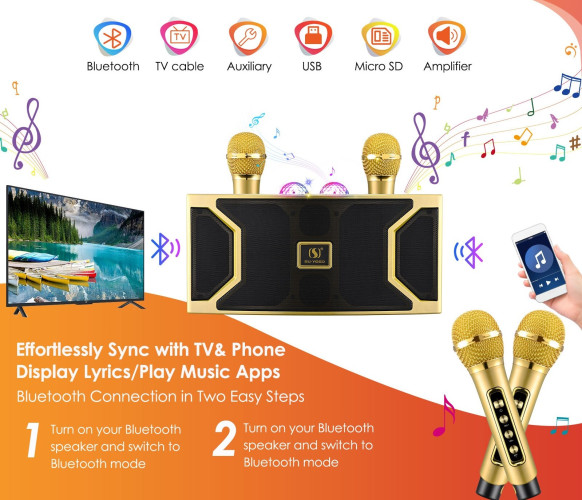 Беспроводная караоке система SuYOSD YS-211 со светомузыкой золото/ колонка с двумя микрофонами и дискошаром