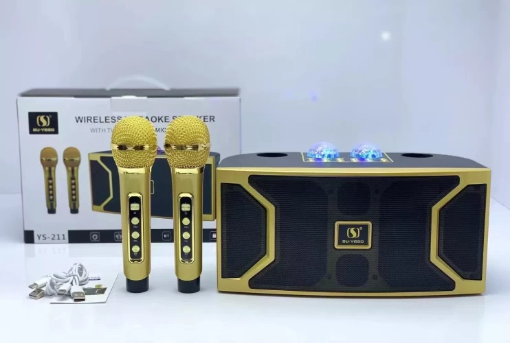 Беспроводная караоке система SuYOSD YS-211 со светомузыкой золото/ колонка с двумя микрофонами и дискошаром