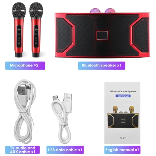 Беспроводная караоке система SuYOSD YS-211 со светомузыкой красная / колонка с двумя микрофонами и дискошаром