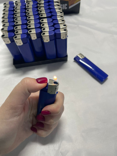 Зажигалки синие пьезо 50 штук в блоке под нанесение логотипа с 2-х сторон (чистые, без этикеток)