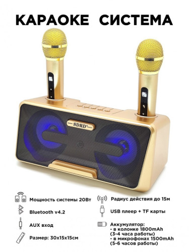 Караоке система на два микрофона SDRD SD-301 / bluetooth колонка-караоке с беспроводными микрофонами