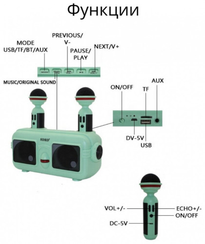 Караоке система с двумя микрофонами SDRD SD-304 / Детская караоке система bluetooth колонка + 2 микрофона