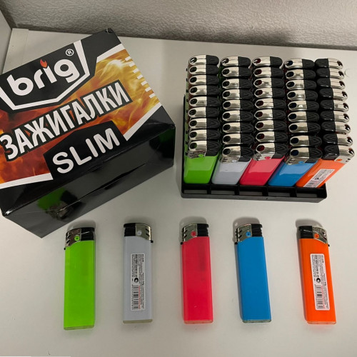 Зажигалки пьезо нажимные 50 штук в блоке В599 Slim, под нанесение логотипа