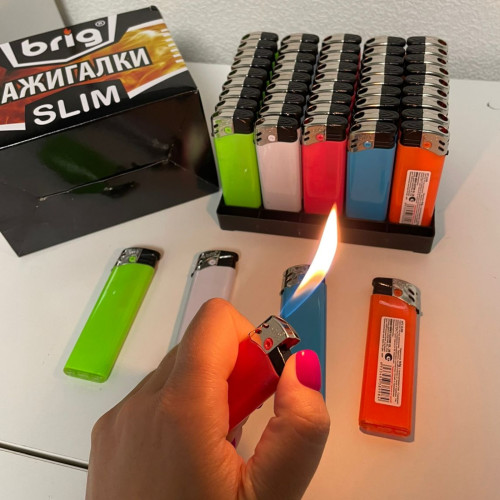 Зажигалки пьезо нажимные 50 штук в блоке В599 Slim, под нанесение логотипа