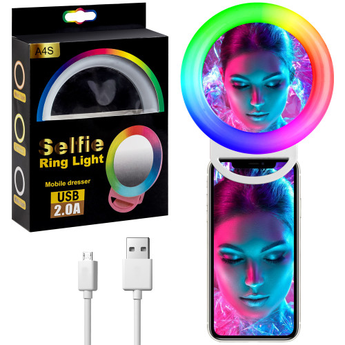 Подсветка для селфи USB A4S, лампа прищепка с зеркалом RGB разноцветная диаметр 11см