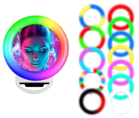 Подсветка для селфи USB A4S, лампа прищепка с зеркалом RGB разноцветная диаметр 11см