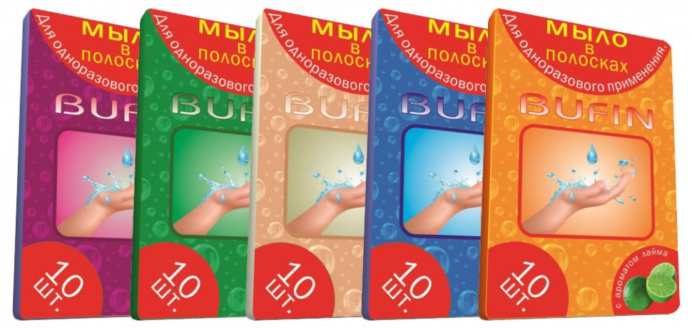 Bufin Мыло в полосках 500 полосок/блок 5 ароматов (50упаковок*10 полосок)