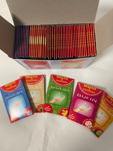 Bufin Мыло в полосках 5 ароматов 1500шт  (3 блока* 50упаковок*10полосок)