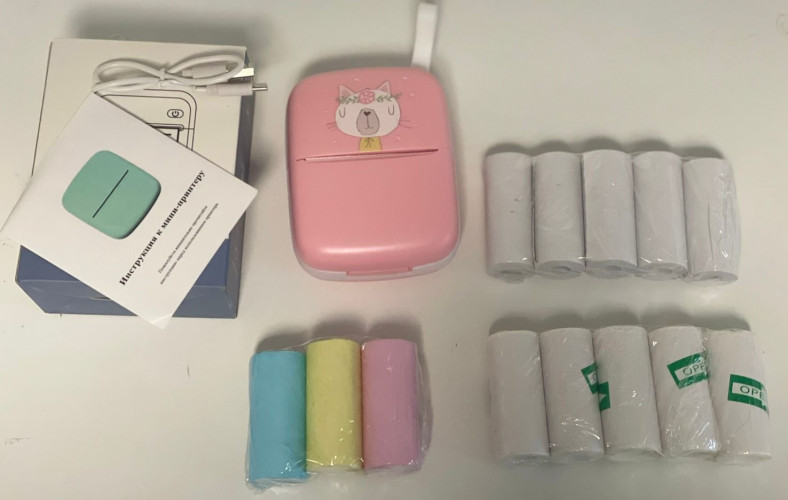 Портативный мини термо принтер блютуз с термобумагой и этикетками