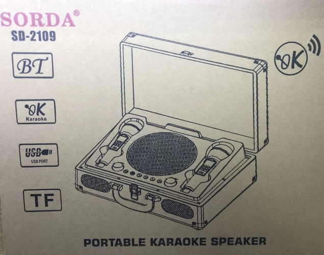 Караоке система колонка с двумя микрофонами SORDA SD-2109 Ретро чемодан серый