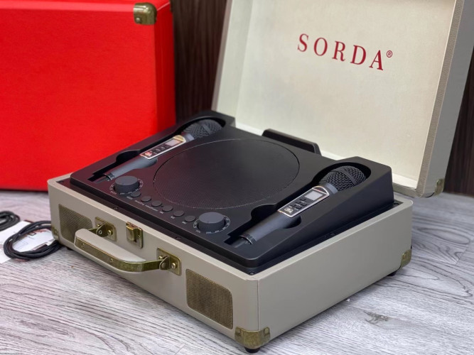Караоке система колонка с двумя микрофонами SORDA SD-2109 Ретро чемодан серый