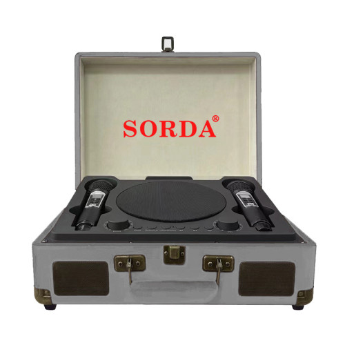 Караоке система колонка с двумя микрофонами SORDA SD-2109 Ретро чемодан серый