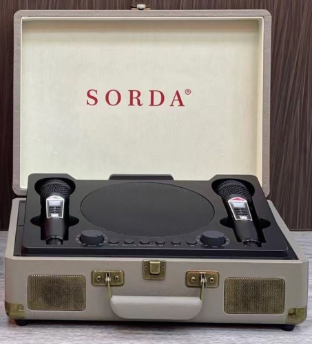 Караоке система колонка с двумя микрофонами SORDA SD-2109 Ретро чемодан серый
